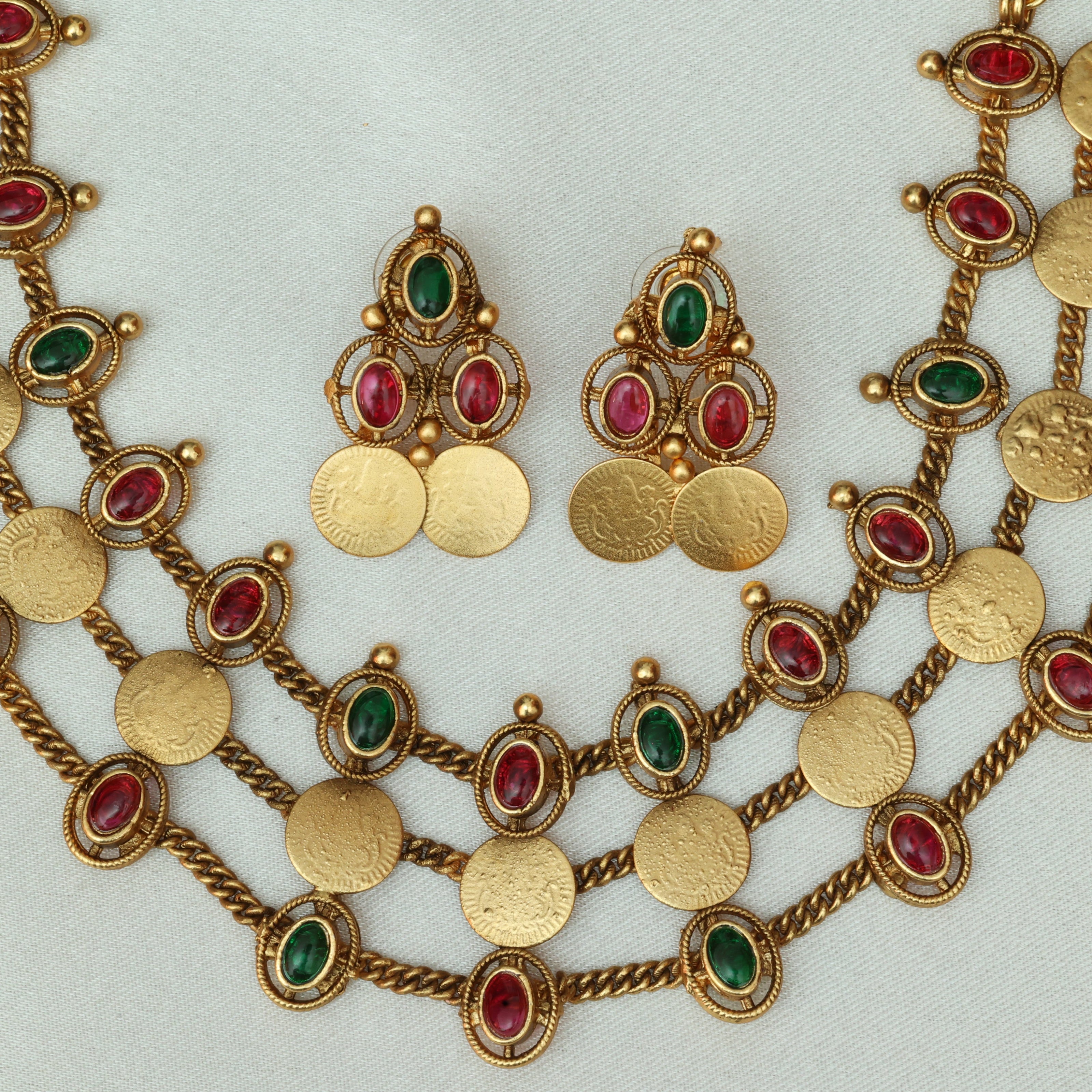 3 Layer Ruby And Emerald Coin Choker Set