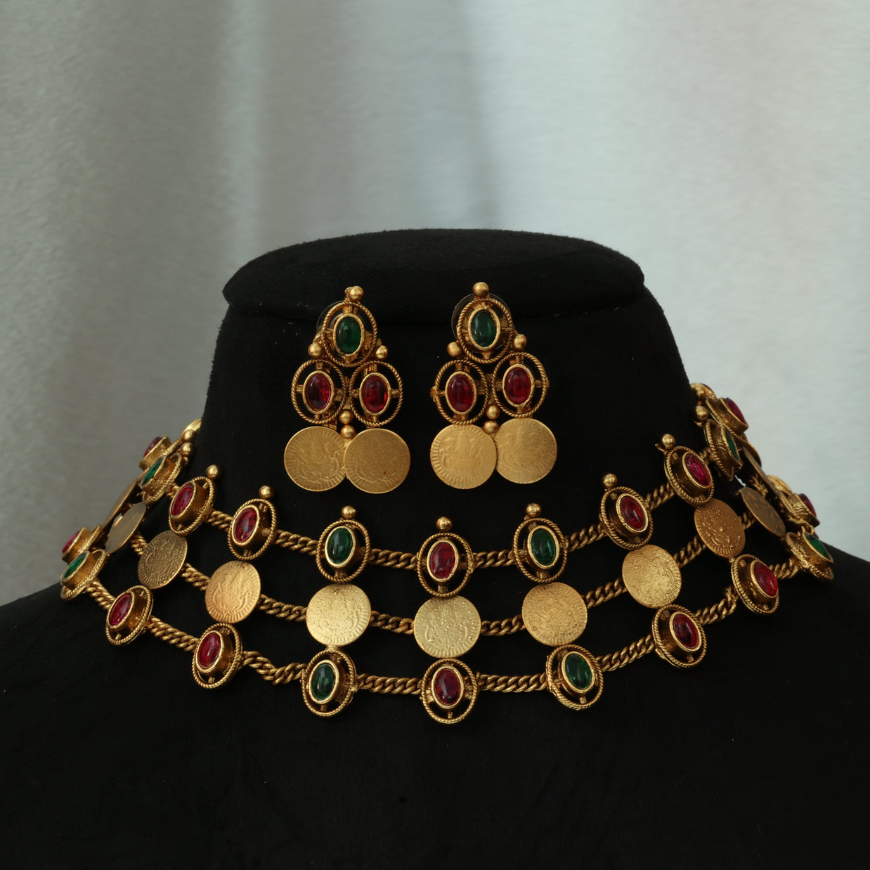 3 Layer Ruby And Emerald Coin Choker Set