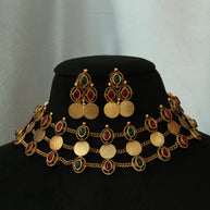 3 Layer Ruby And Emerald Coin Choker Set