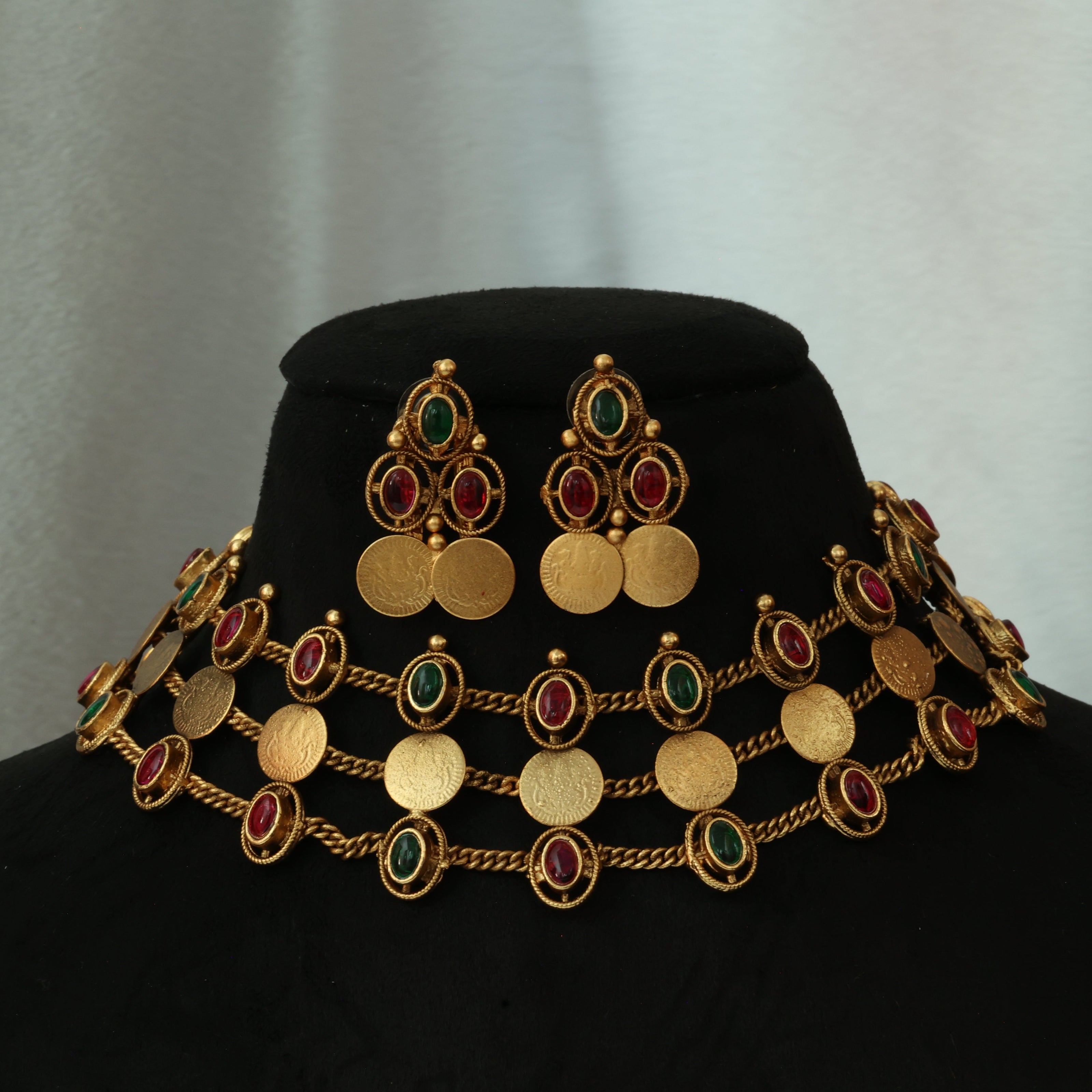 3 Layer Ruby And Emerald Coin Choker Set