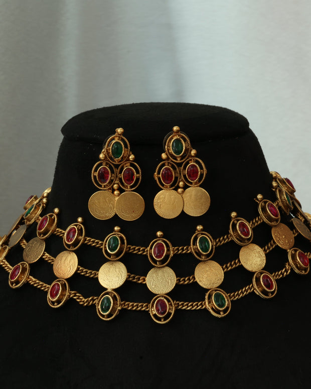 3 Layer Ruby And Emerald Coin Choker Set