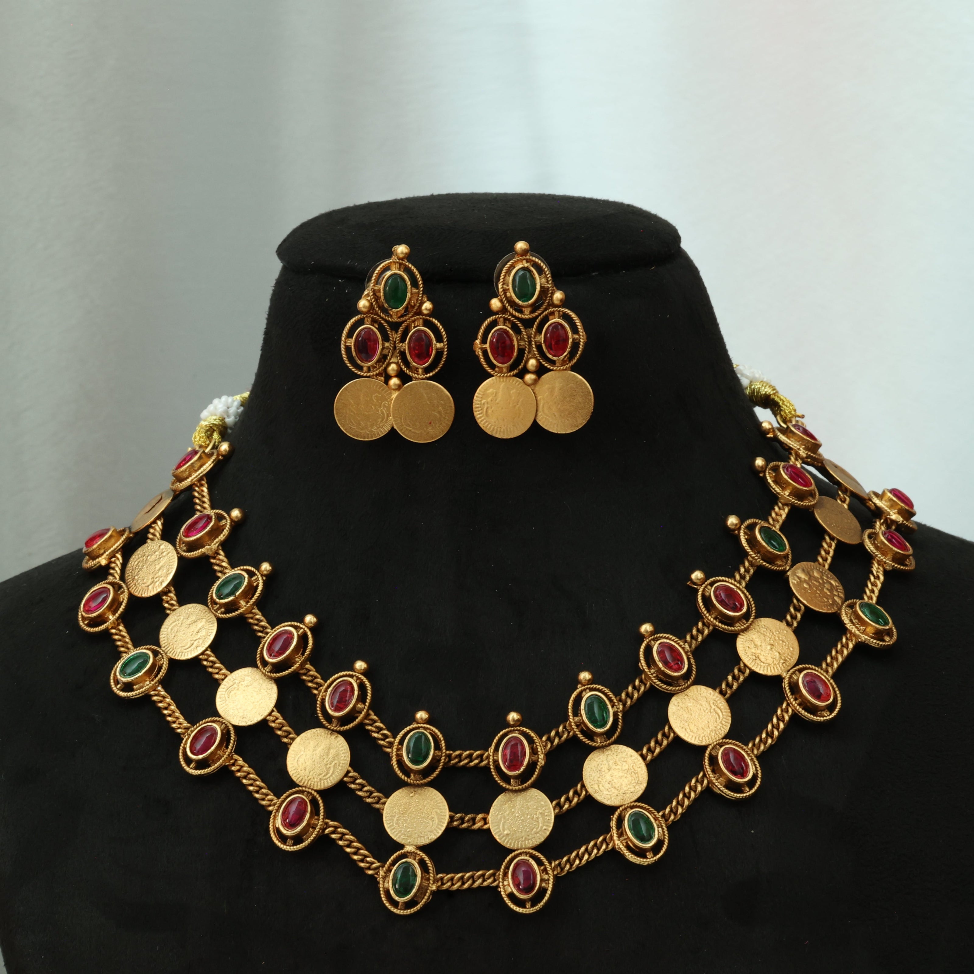 3 Layer Ruby And Emerald Coin Choker Set