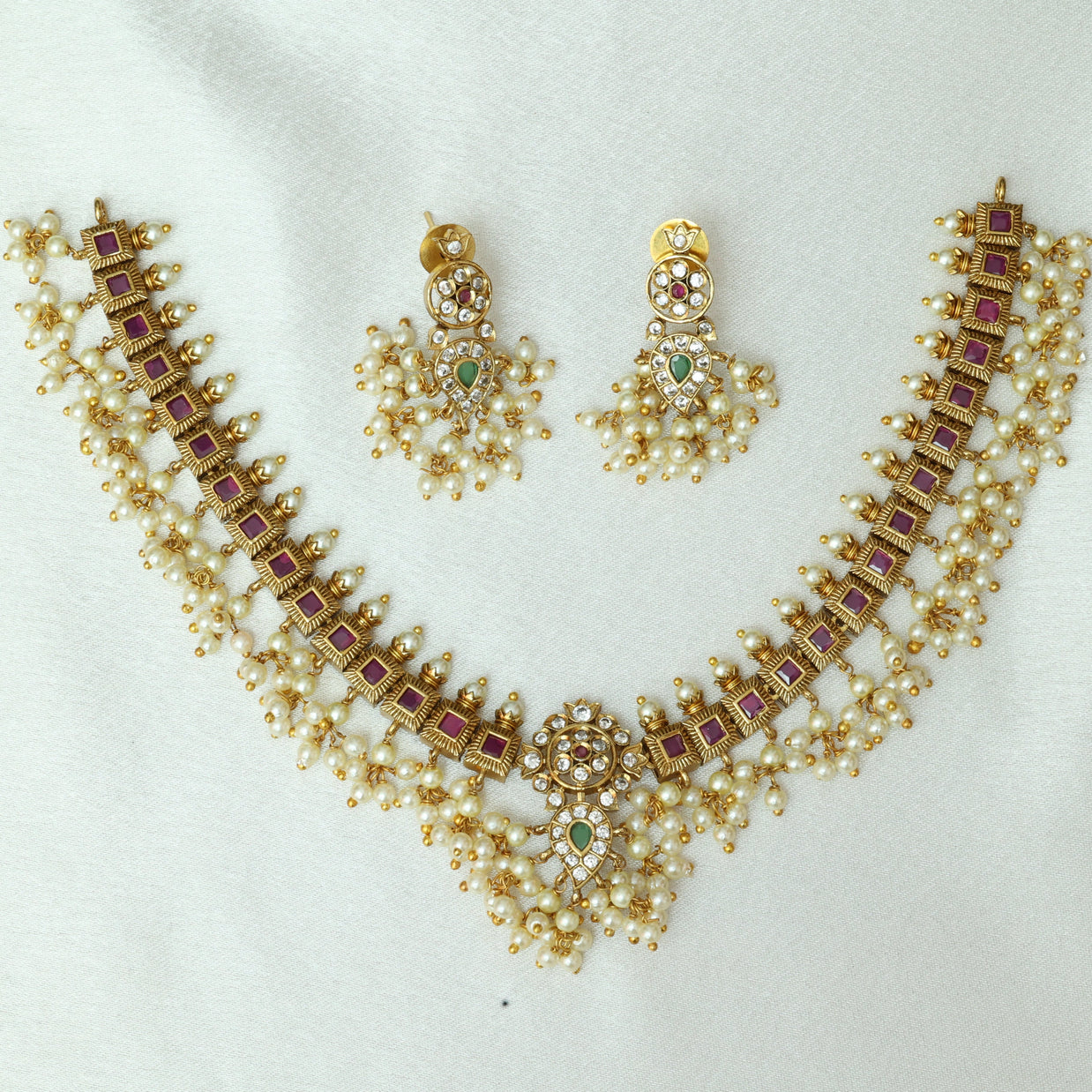 Elegant Ruby Guttapusalu Necklace Set