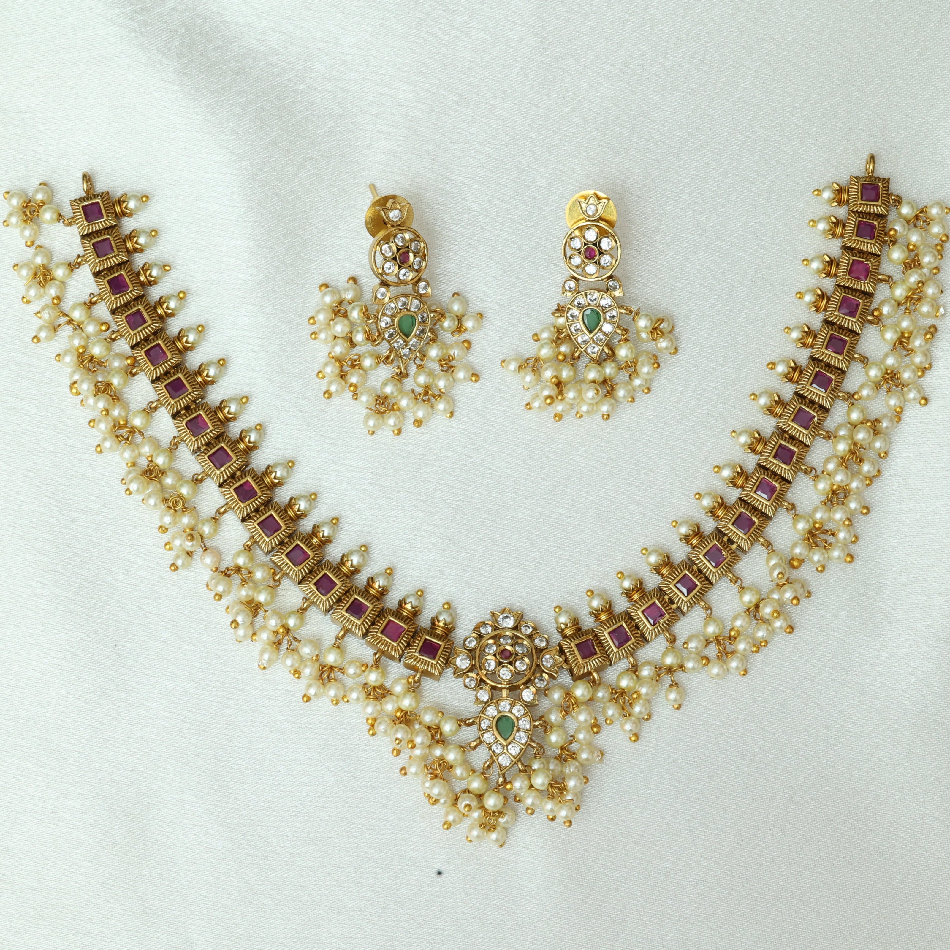 Elegant Ruby Guttapusalu Necklace Set
