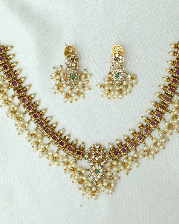 Elegant Ruby Guttapusalu Necklace Set