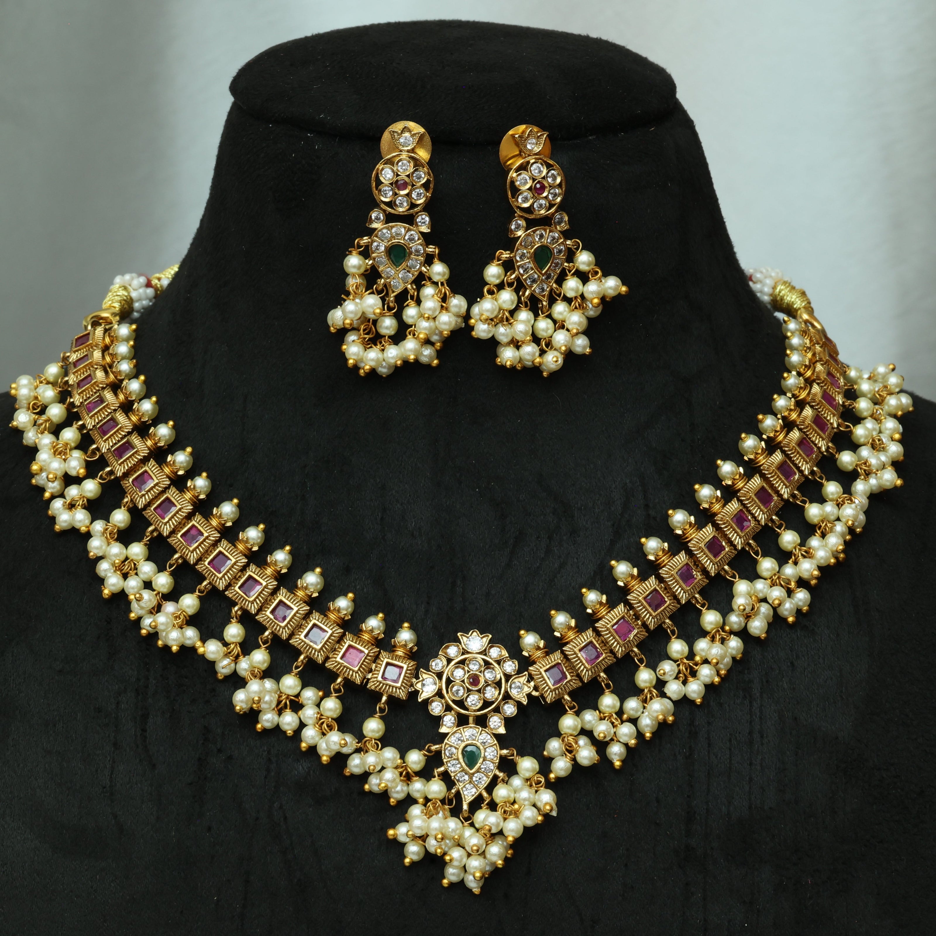Elegant Ruby Guttapusalu Necklace Set