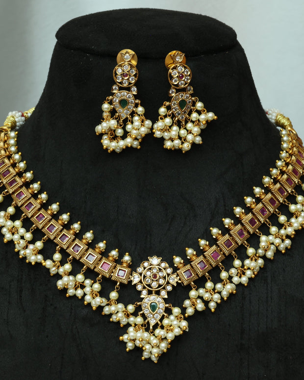 Elegant Ruby Guttapusalu Necklace Set