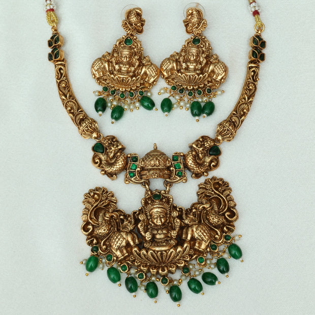 Heavy Nagas Lakshmi Necklace Set With Emerald Beads