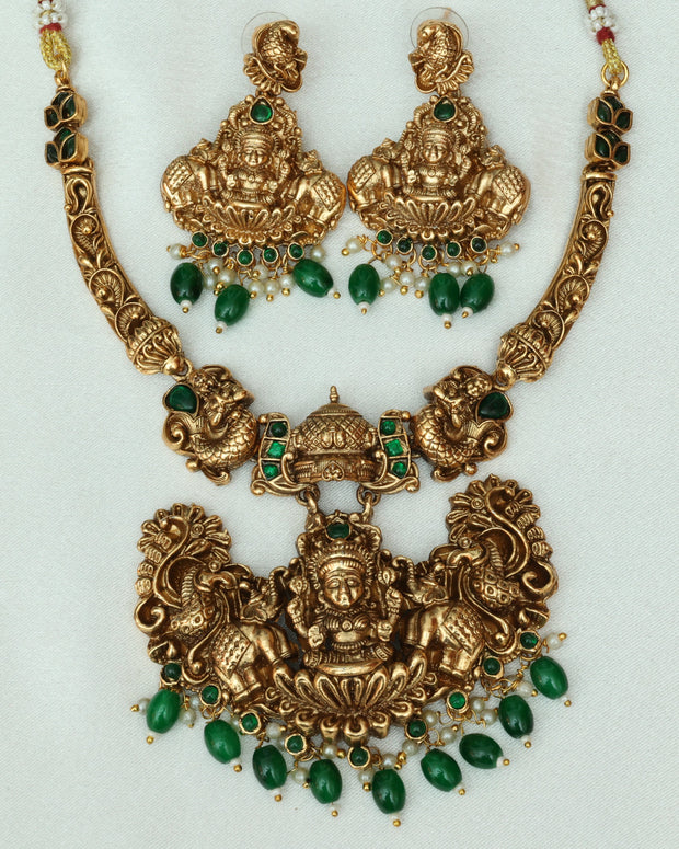 Heavy Nagas Lakshmi Necklace Set With Emerald Beads