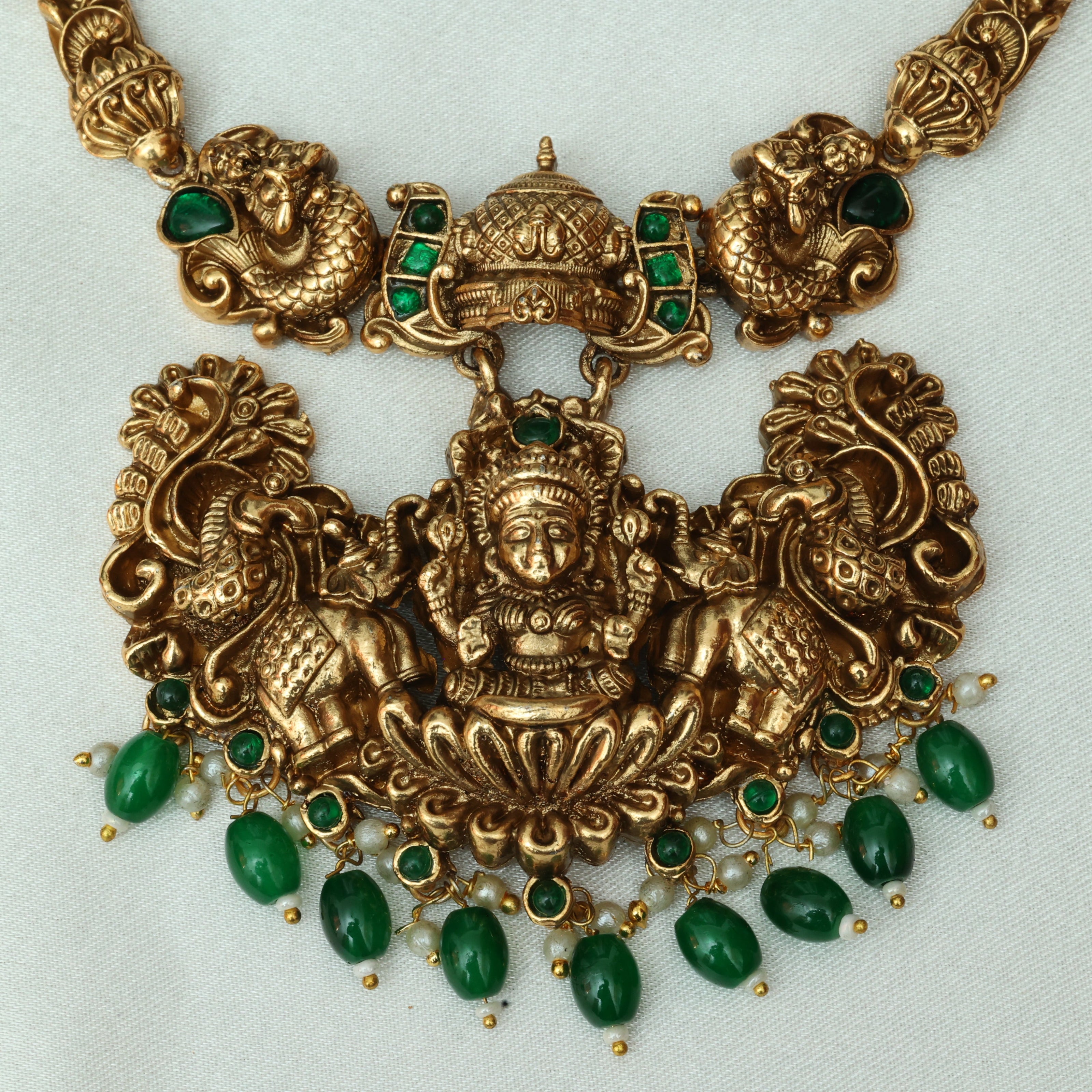 Heavy Nagas Lakshmi Necklace Set With Emerald Beads