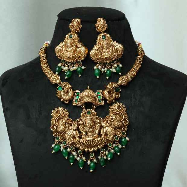 Heavy Nagas Lakshmi Necklace Set With Emerald Beads