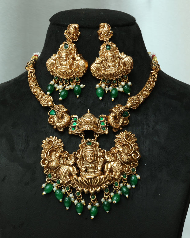 Heavy Nagas Lakshmi Necklace Set With Emerald Beads