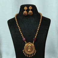 Antique Golden Beads Haaram With Stone Embedded Lakshmi Pendant