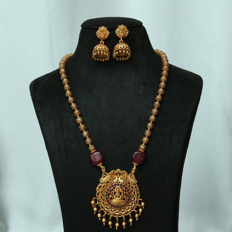 Antique Golden Beads Haaram With Stone Embedded Lakshmi Pendant