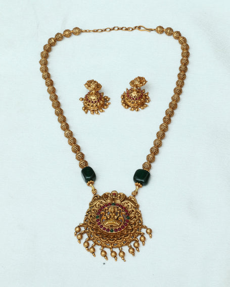 Antique Golden Beads Haaram With Stone Embedded Lakshmi Pendant