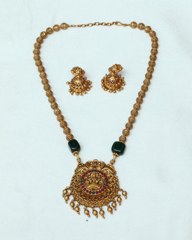 Antique Golden Beads Haaram With Stone Embedded Lakshmi Pendant