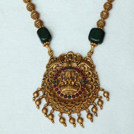 Antique Golden Beads Haaram With Stone Embedded Lakshmi Pendant