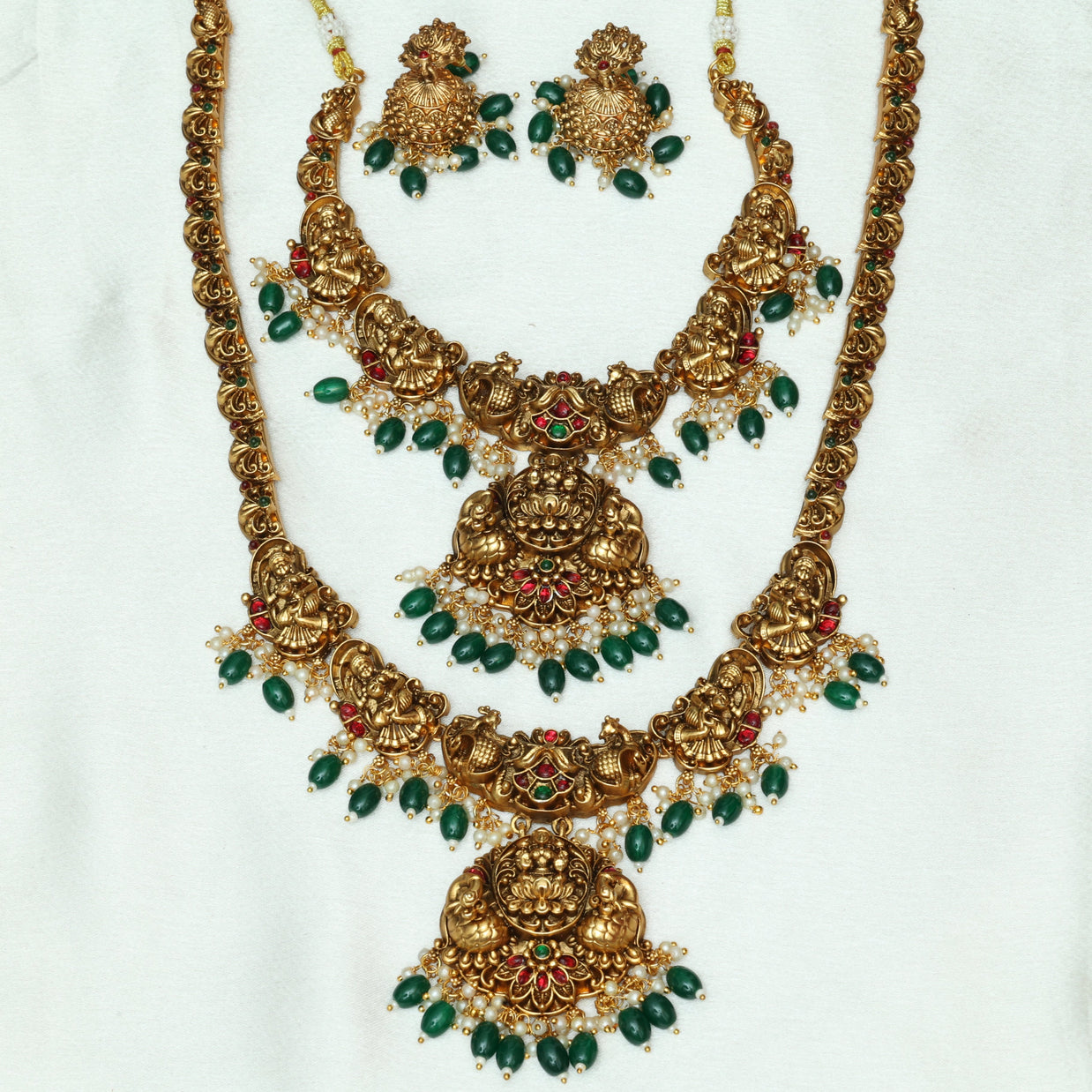Temple Lakshmi Bridal Combo With Emerald Beads