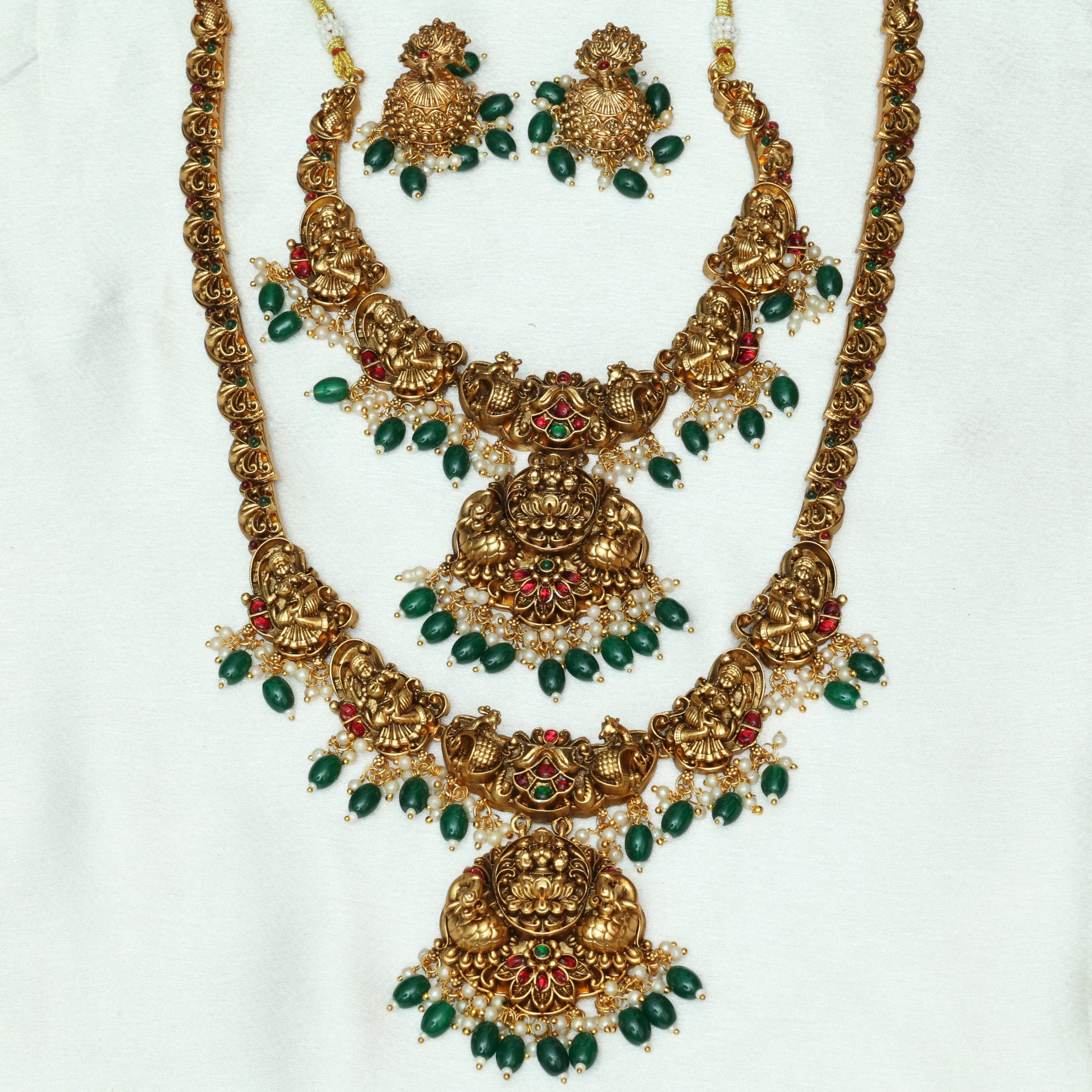 Temple Lakshmi Bridal Combo With Emerald Beads