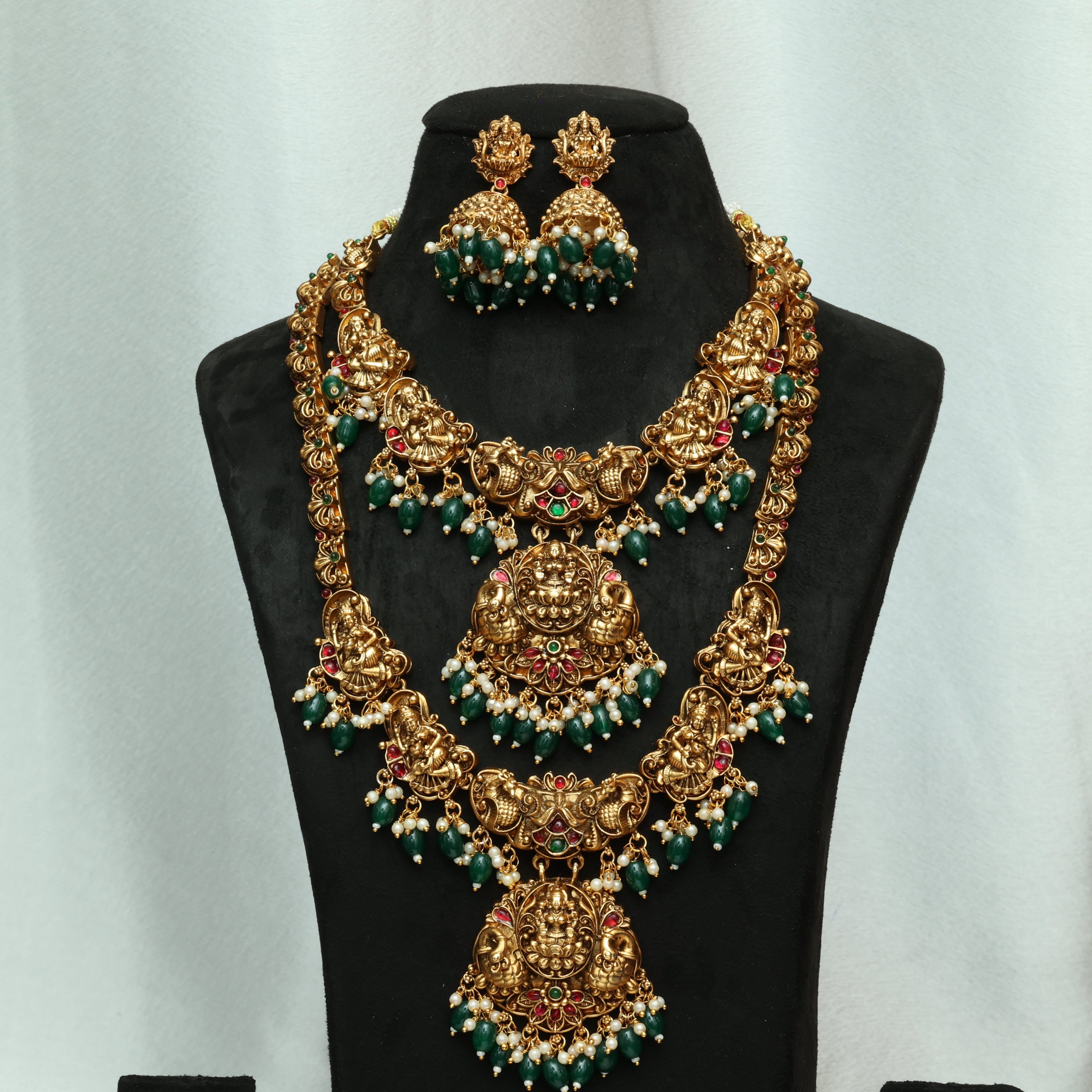 Temple Lakshmi Bridal Combo With Emerald Beads