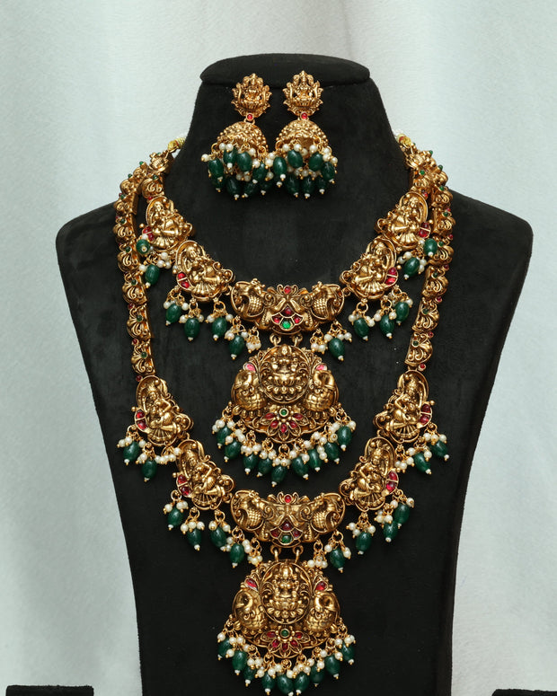 Temple Lakshmi Bridal Combo With Emerald Beads