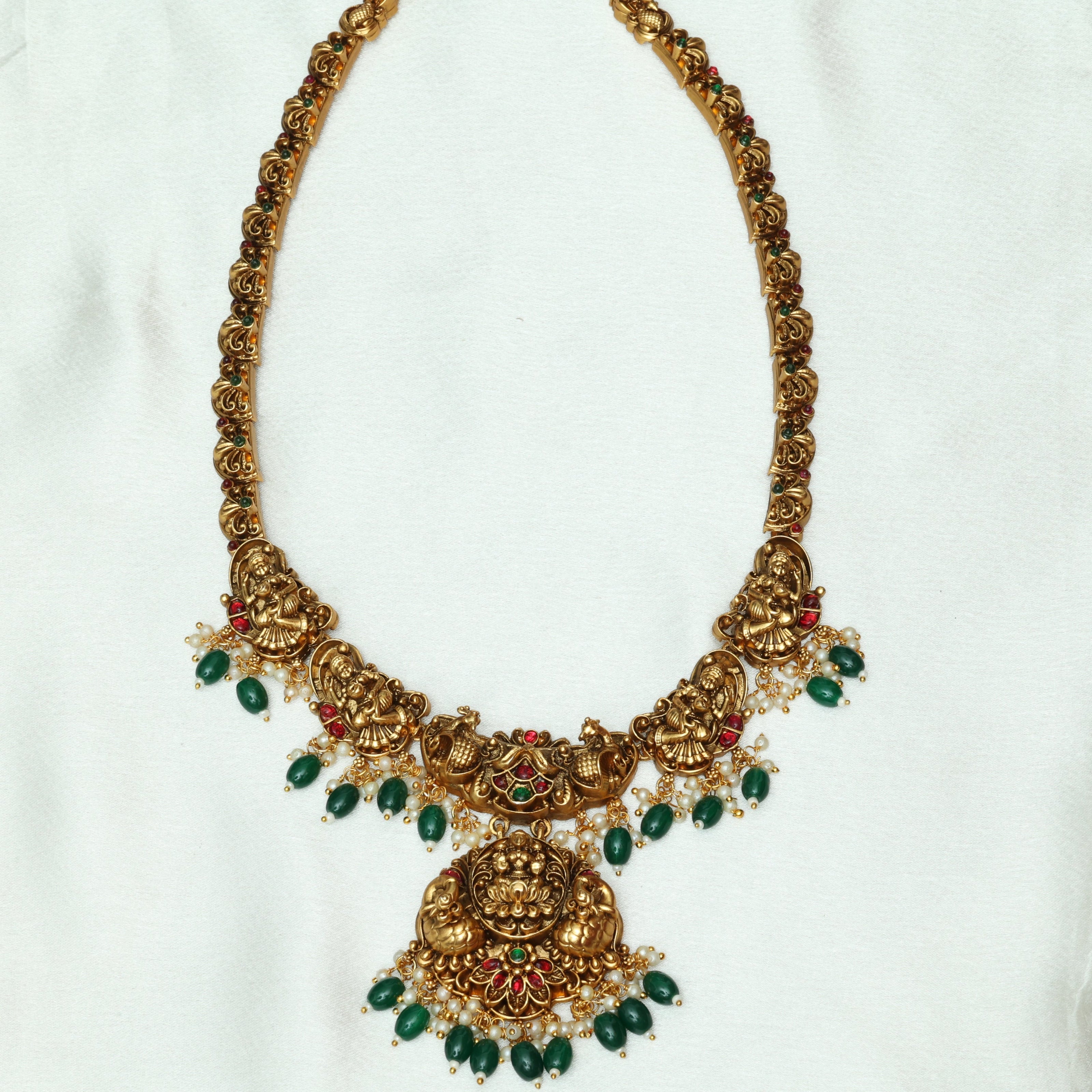 Temple Lakshmi Bridal Combo With Emerald Beads