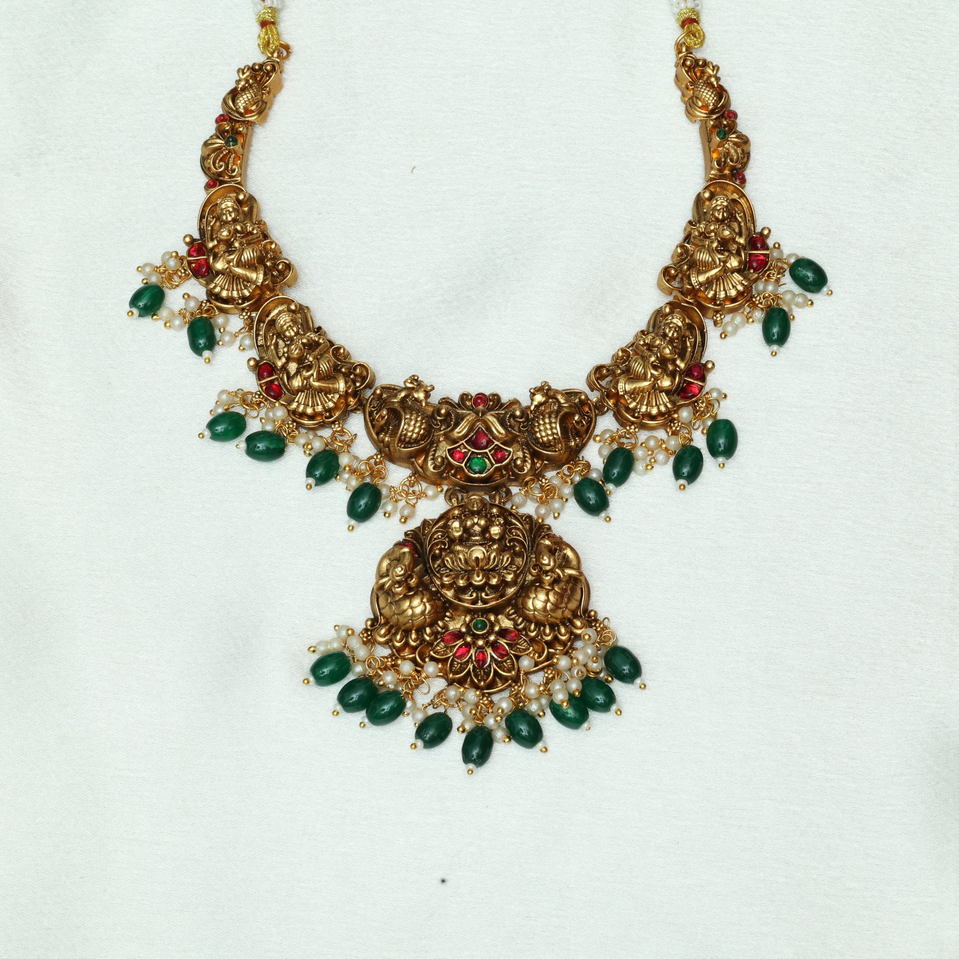Temple Lakshmi Bridal Combo With Emerald Beads