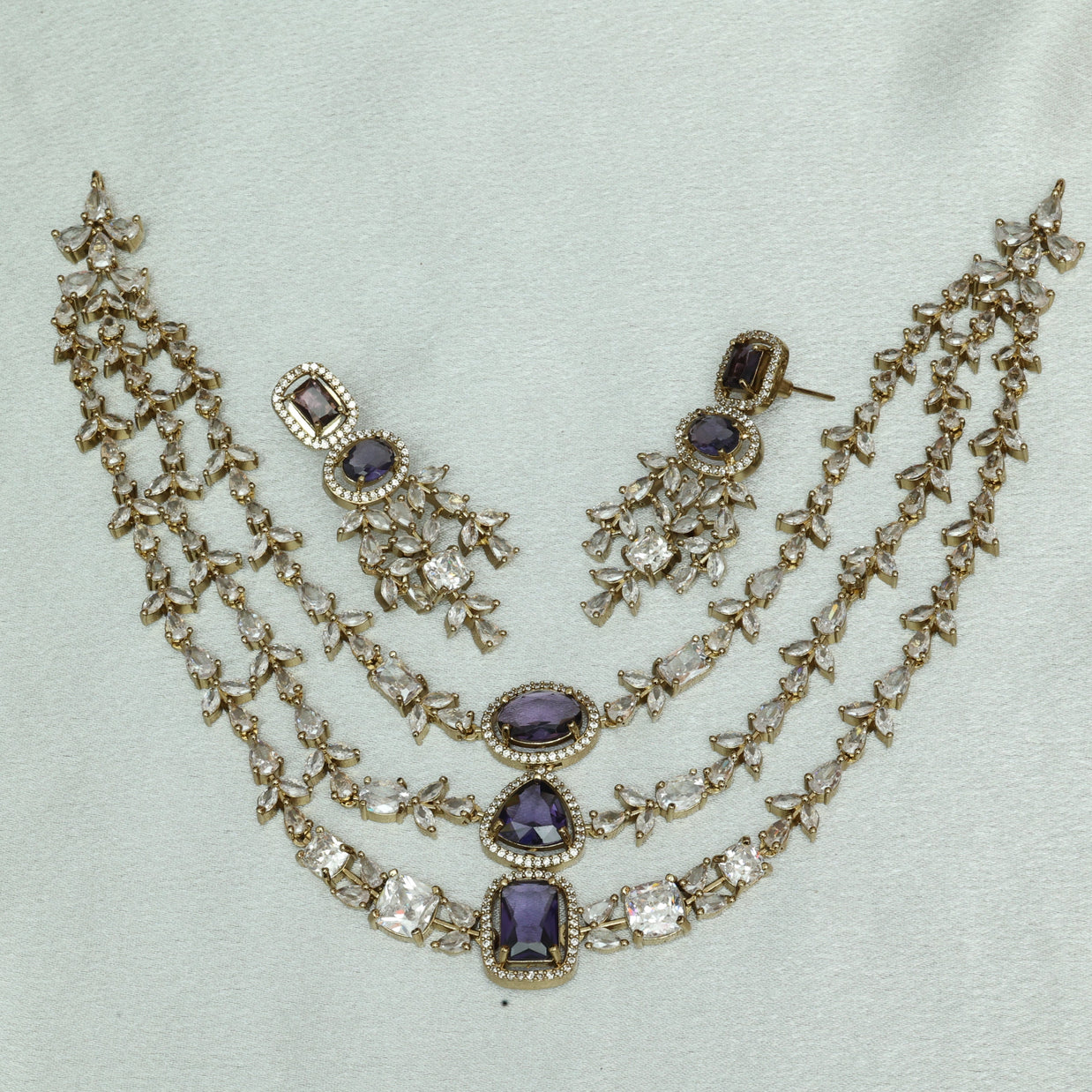 Premium 3 Layer Victorian Ad Amethyst Necklace Set