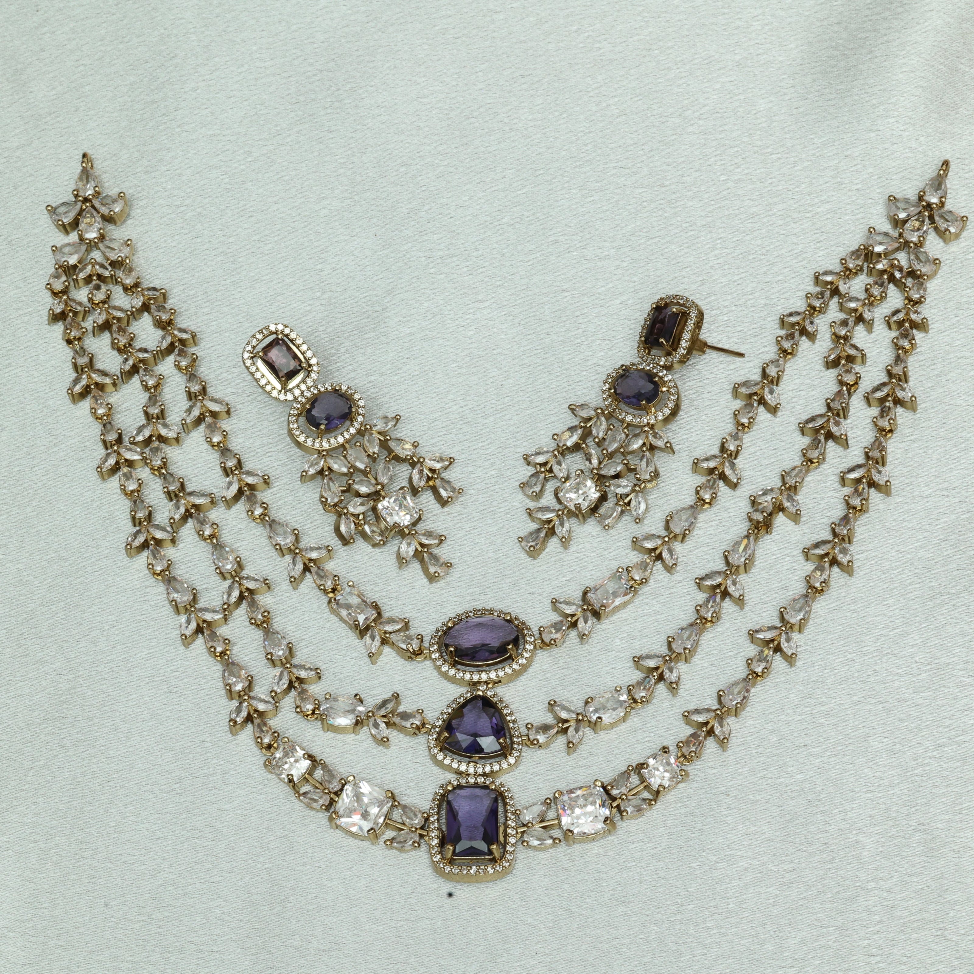 Premium 3 Layer Victorian Ad Amethyst Necklace Set