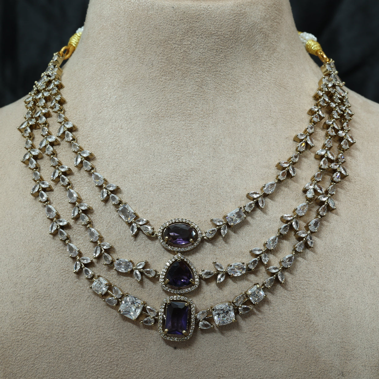 Premium 3 Layer Victorian Ad Amethyst Necklace Set