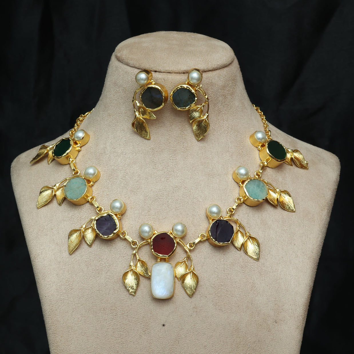 Natural Stone Multicolour Leaf Necklace Set 18K Gold Plated