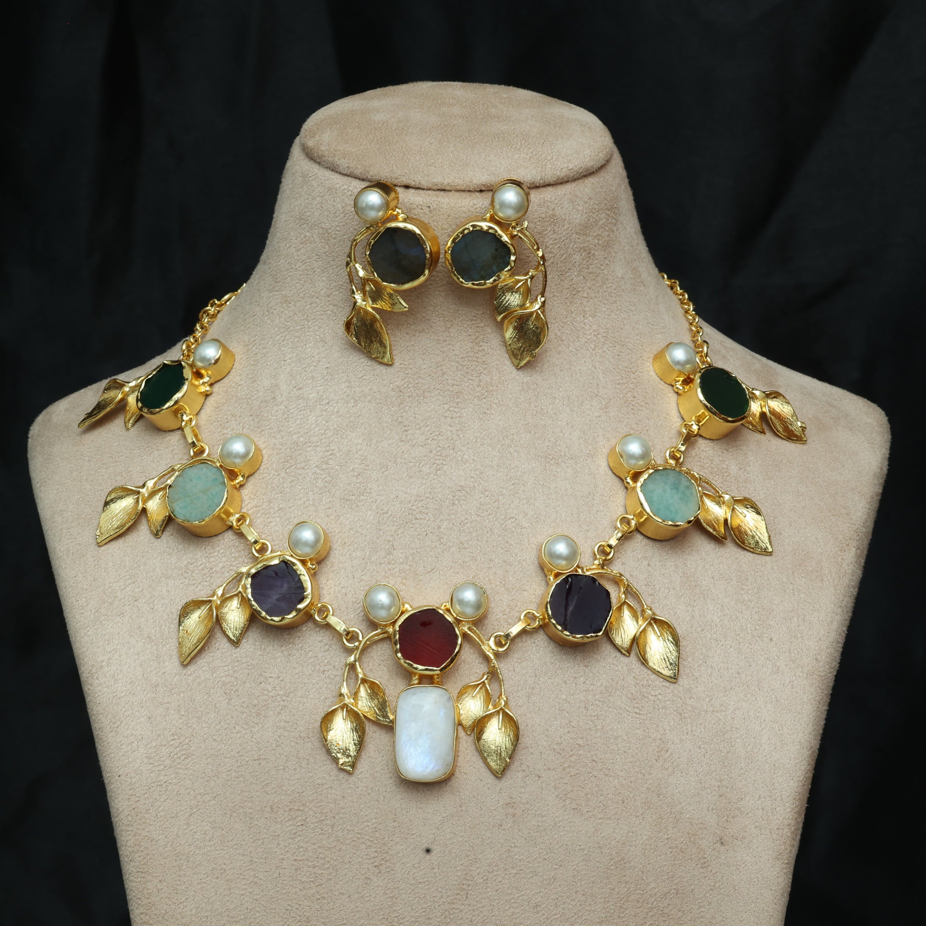 Natural Stone Multicolour Leaf Necklace Set 18K Gold Plated