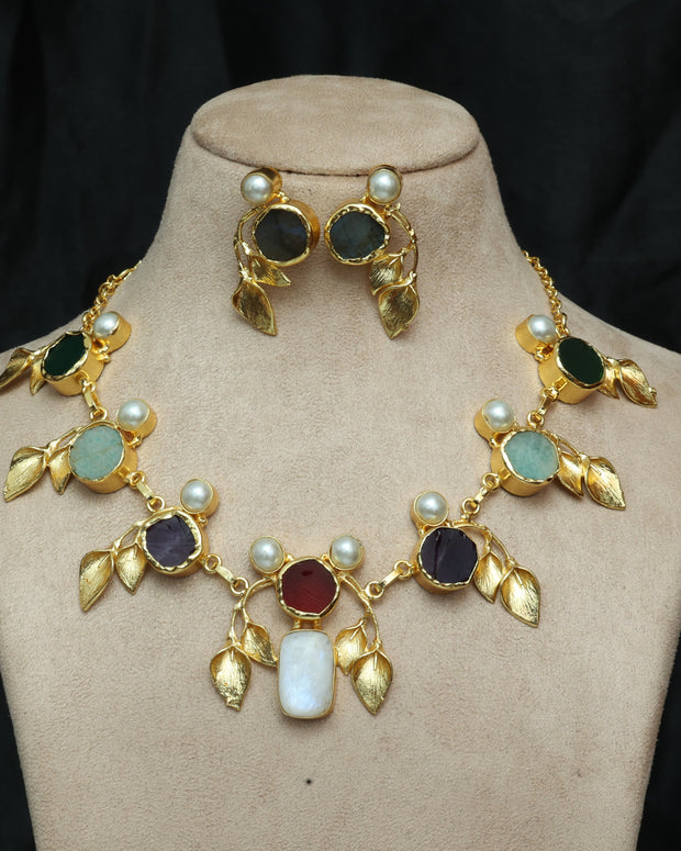 Natural Stone Multicolour Leaf Necklace Set 18K Gold Plated