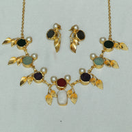 Natural Stone Multicolour Leaf Necklace Set 18K Gold Plated