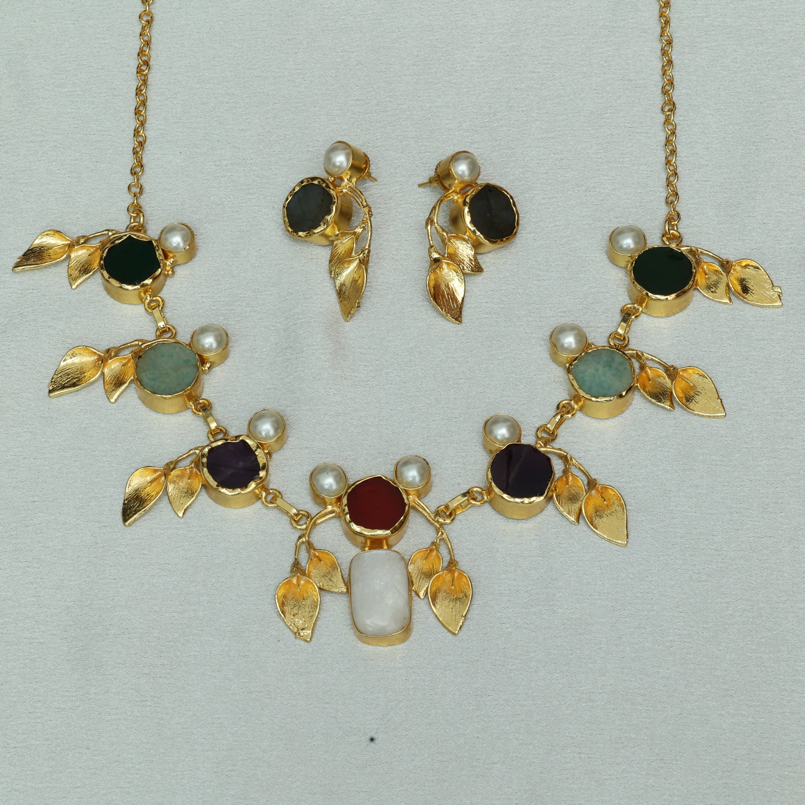 Natural Stone Multicolour Leaf Necklace Set 18K Gold Plated
