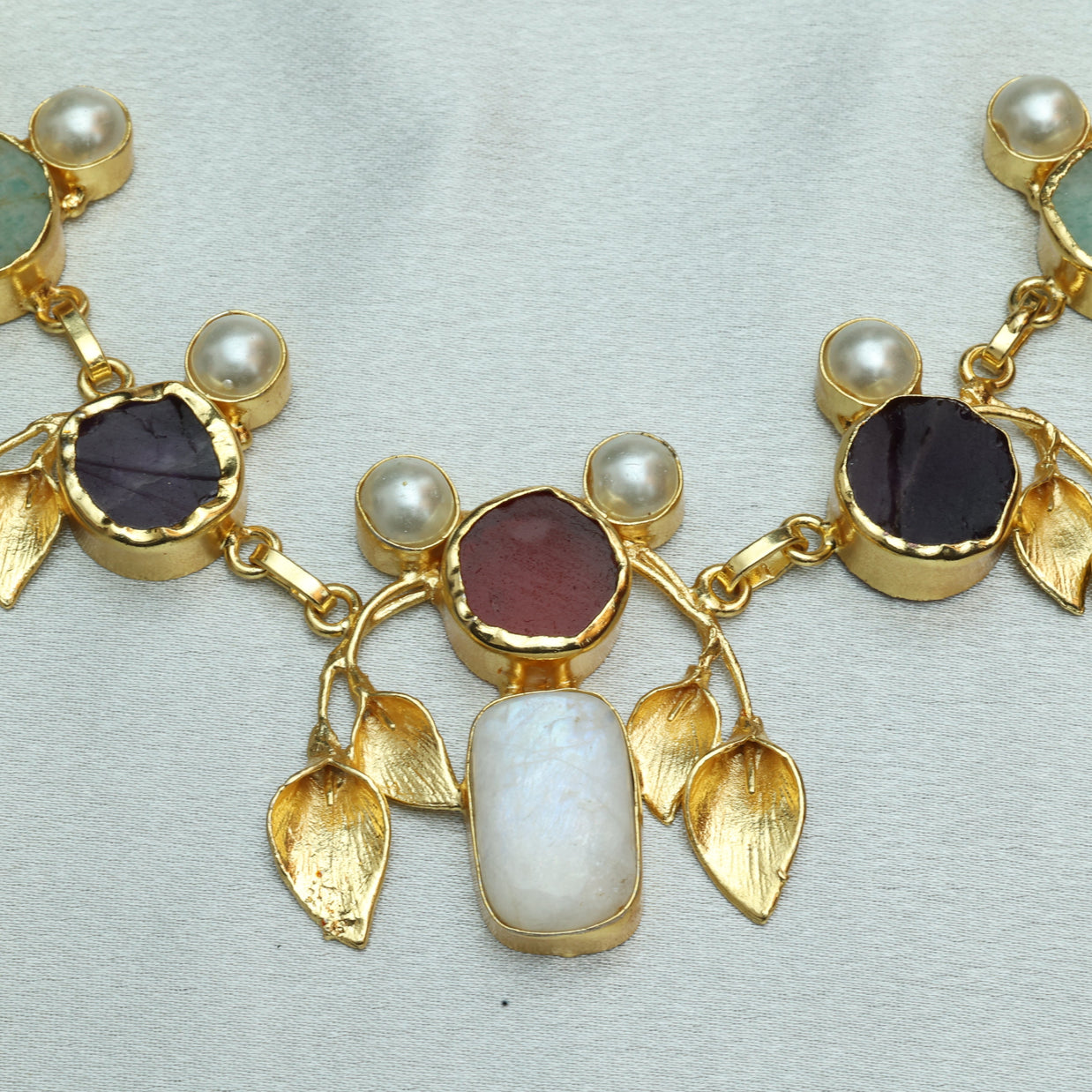 Natural Stone Multicolour Leaf Necklace Set 18K Gold Plated