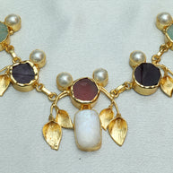 Natural Stone Multicolour Leaf Necklace Set 18K Gold Plated