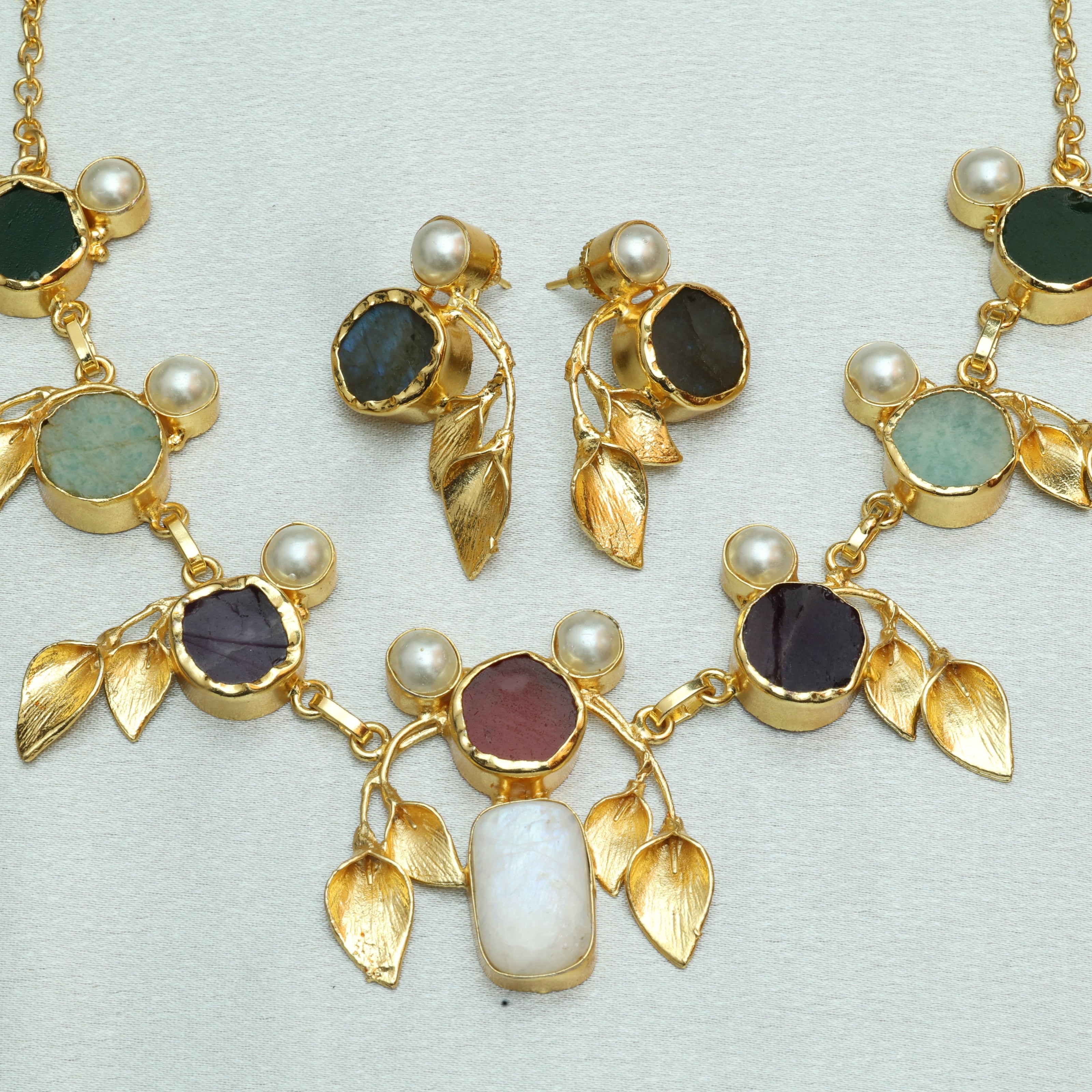 Natural Stone Multicolour Leaf Necklace Set 18K Gold Plated