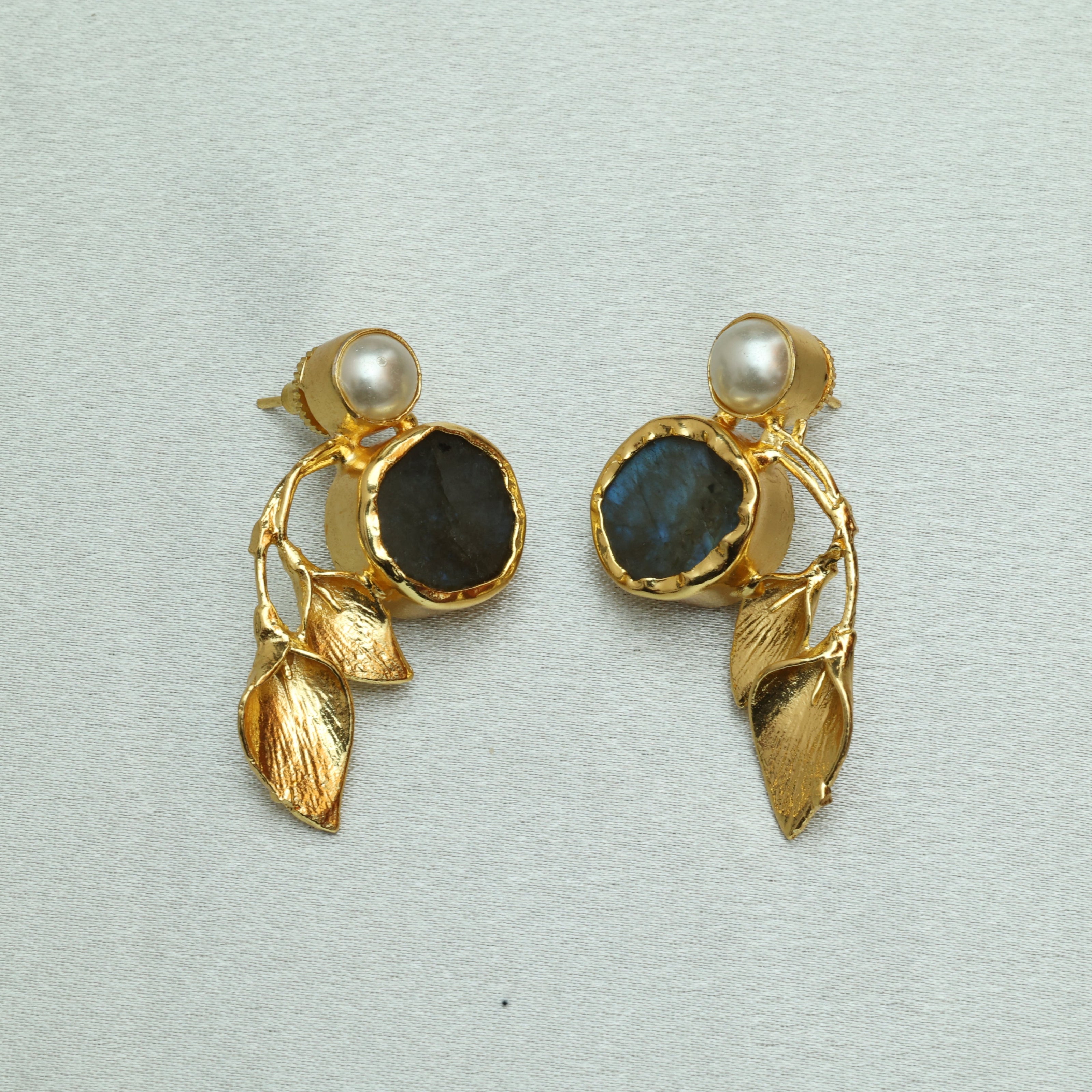 Natural Stone Multicolour Leaf Necklace Set 18K Gold Plated