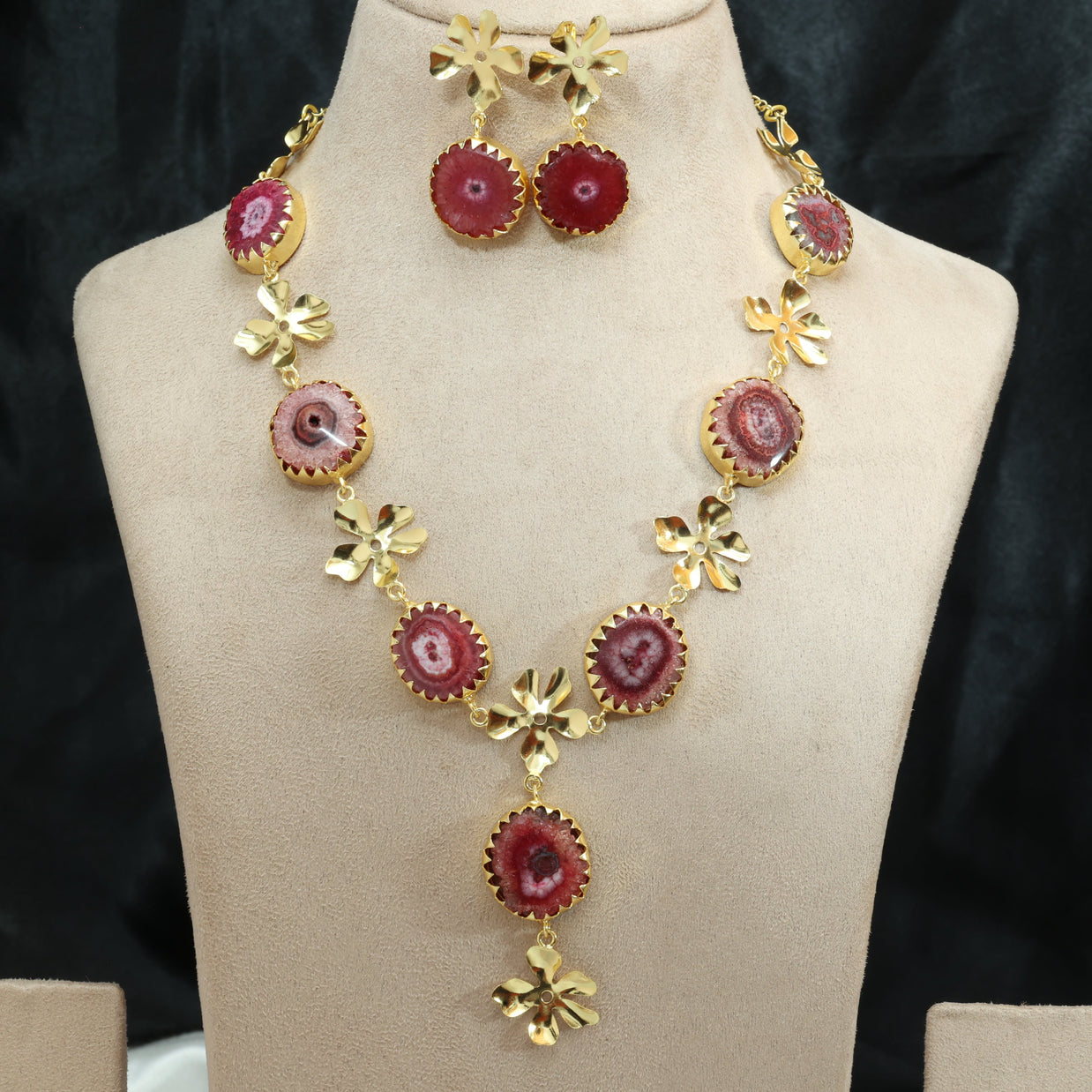 Floral Natural Stone Necklace Set 18K Gold Plated
