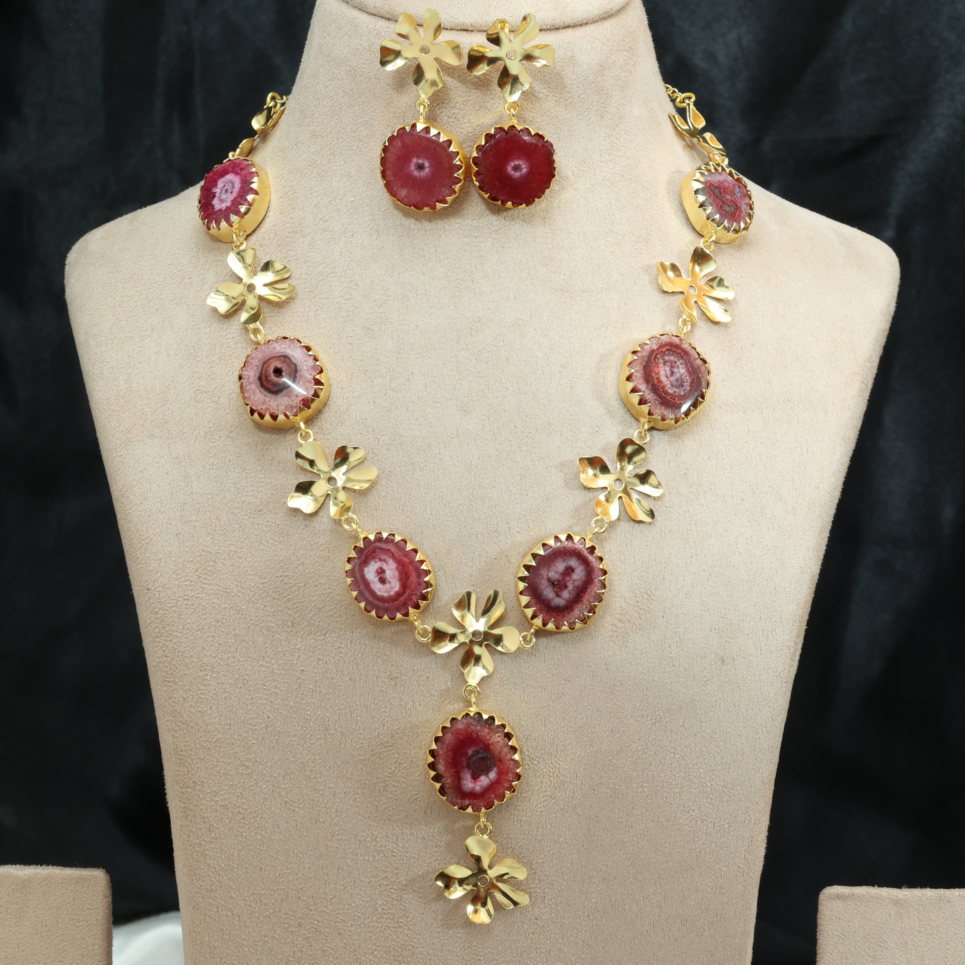 Floral Natural Stone Necklace Set 18K Gold Plated
