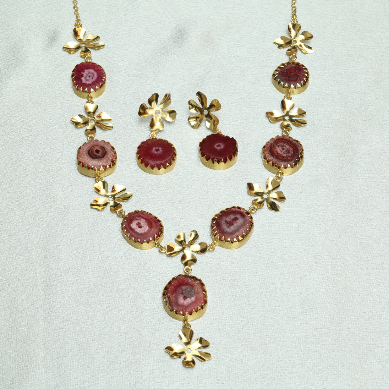 Floral Natural Stone Necklace Set 18K Gold Plated