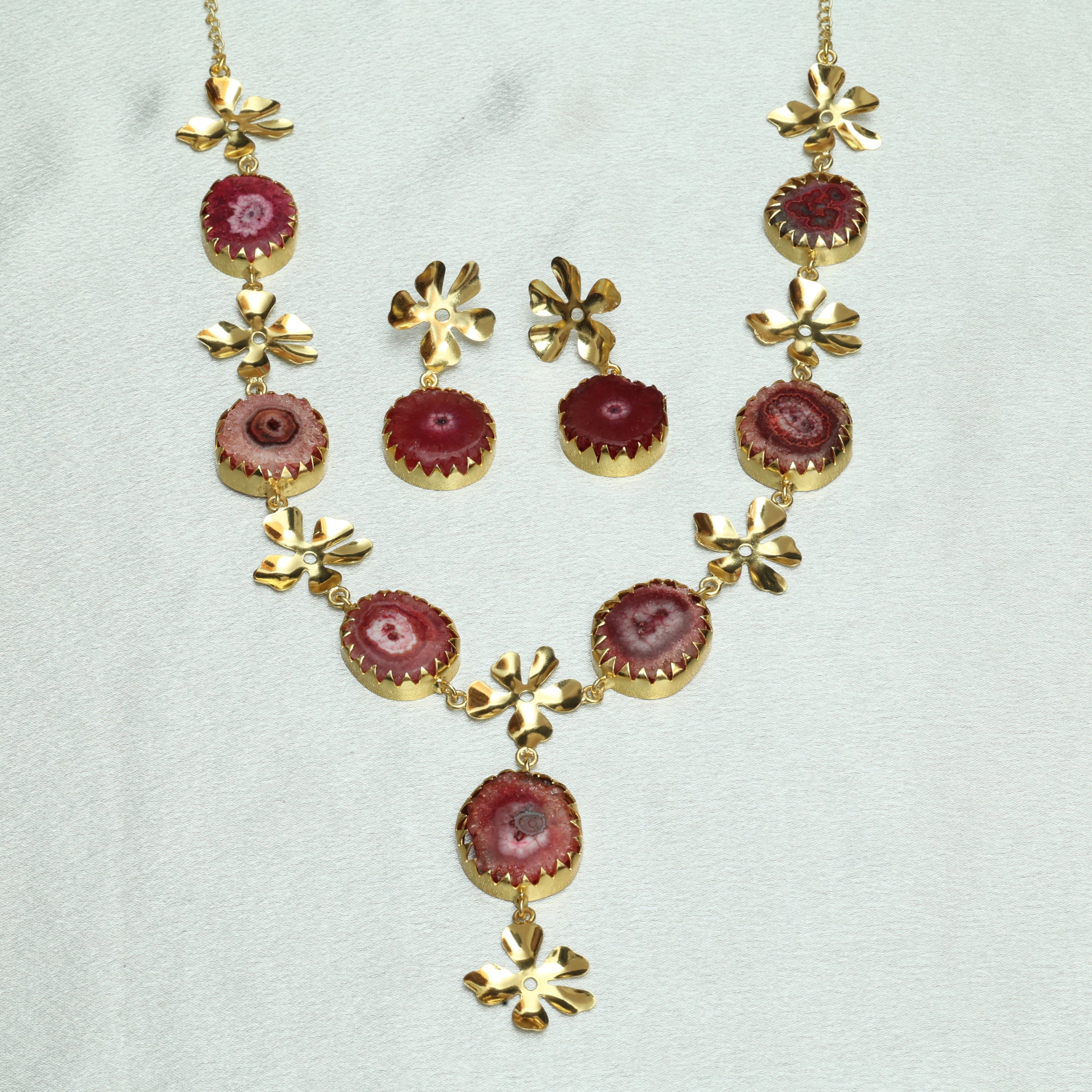 Floral Natural Stone Necklace Set 18K Gold Plated