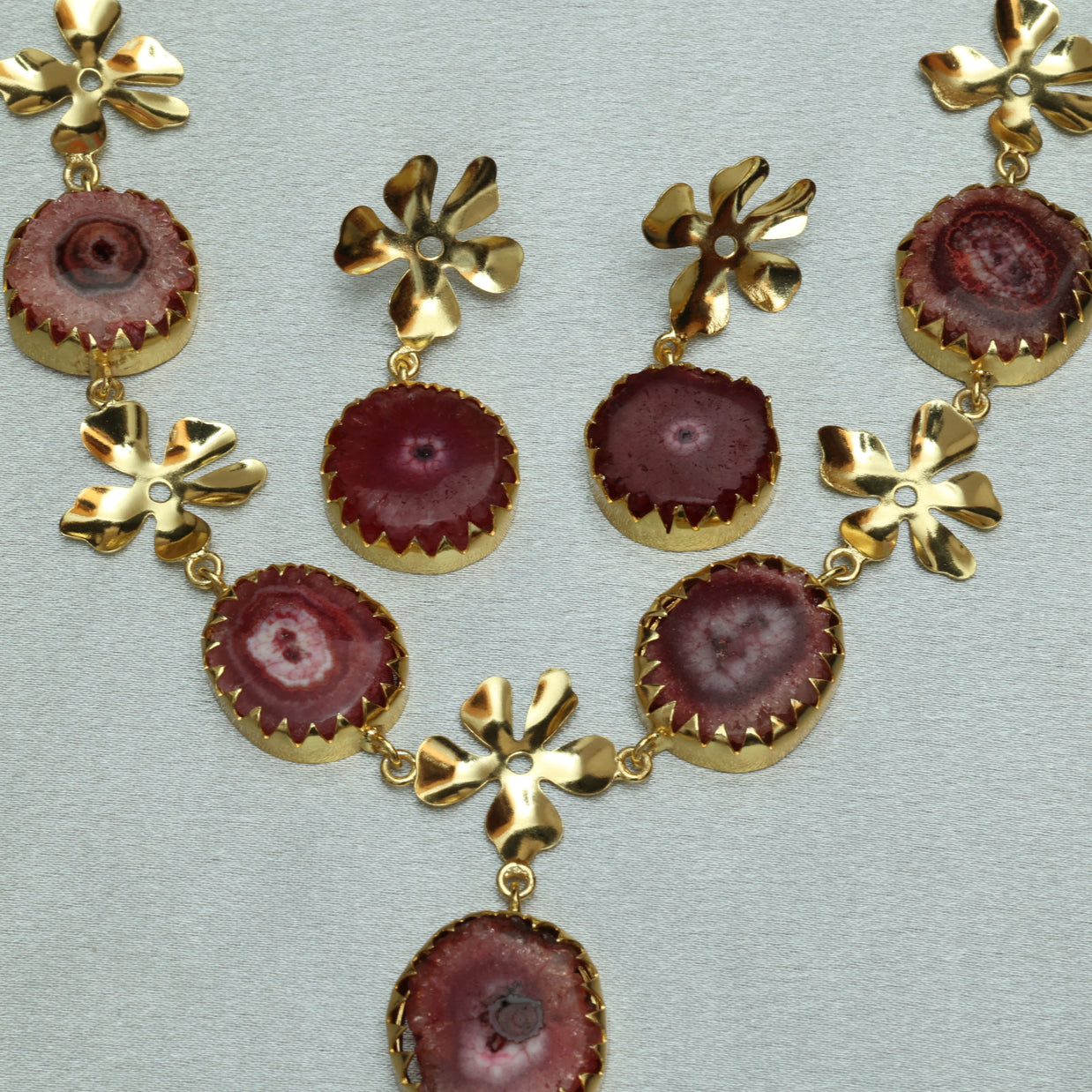 Floral Natural Stone Necklace Set 18K Gold Plated