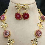 Floral Natural Stone Necklace Set 18K Gold Plated