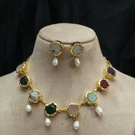 Multicoloured Natural Stone Necklace Set With Pearl Drops 18K Gold Plated