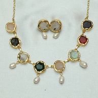 Multicoloured Natural Stone Necklace Set With Pearl Drops 18K Gold Plated