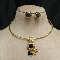 Floral Pendant Neckcuff With Natural Stone 18K Gold Plated