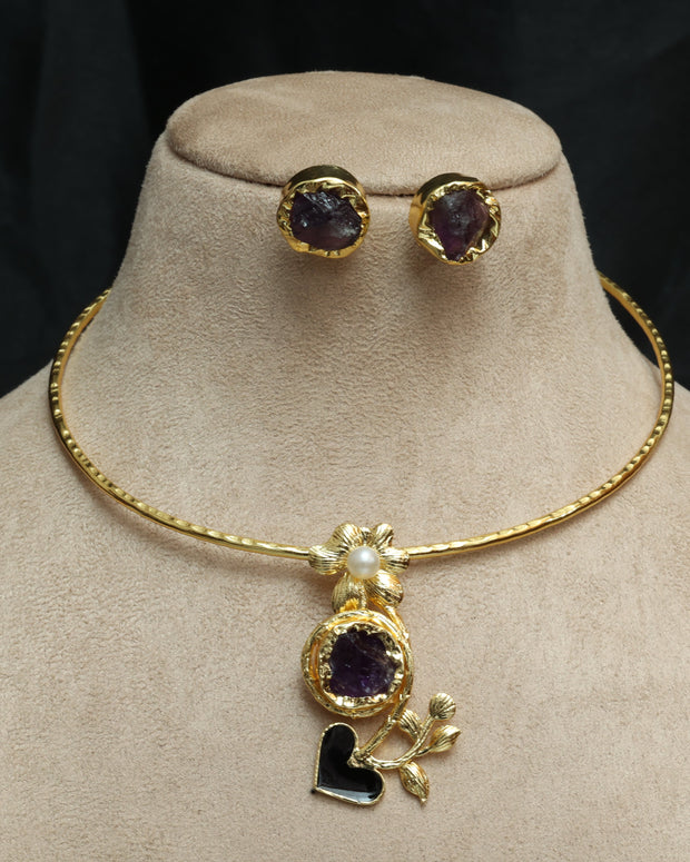 Floral Pendant Neckcuff With Natural Stone 18K Gold Plated
