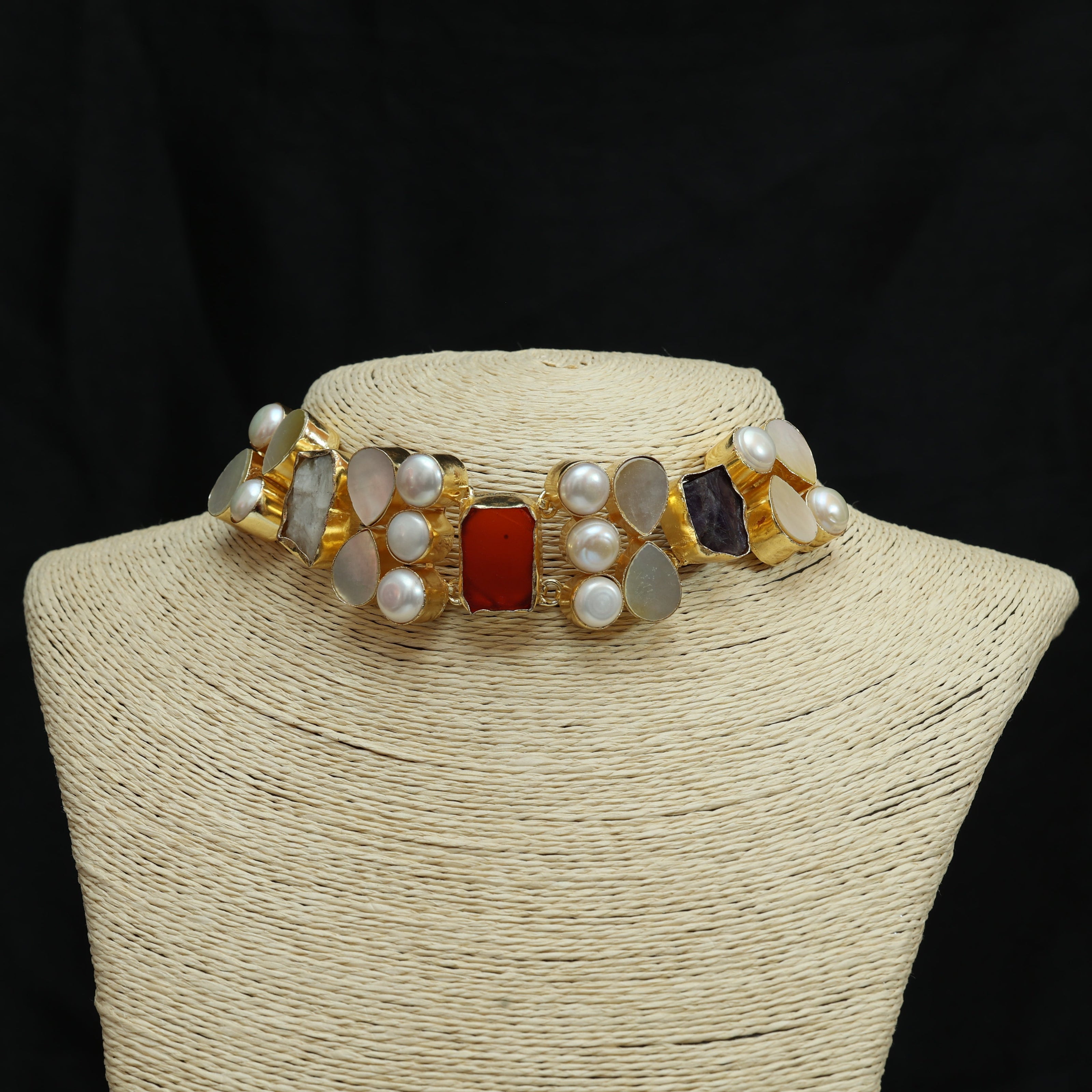 Ethereal Mosaic Choker With Natural Stones And Pearl 18K Gold Plated